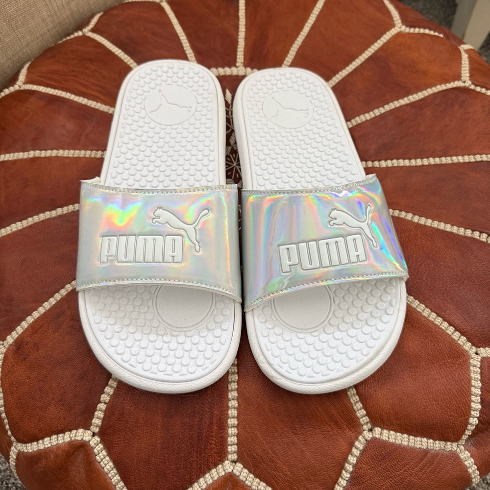 Puma White Slides with Iridescent Strap